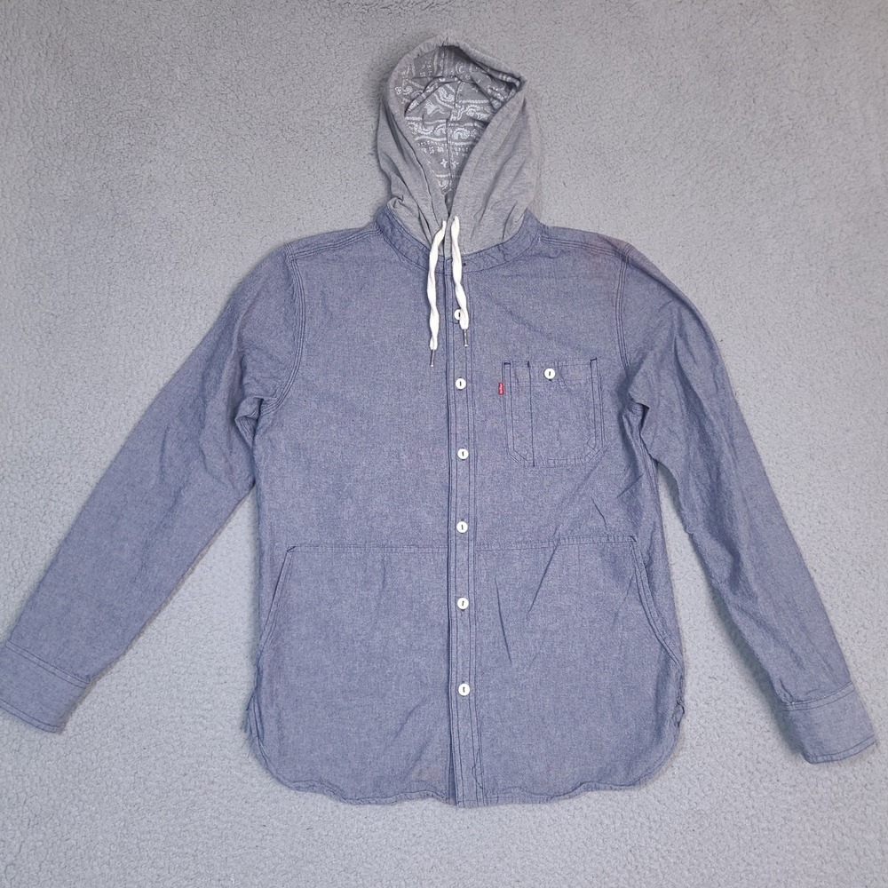 Levis Mens Hooded Shirt Small Blue Chambray Button Up Long Sleeve *Read